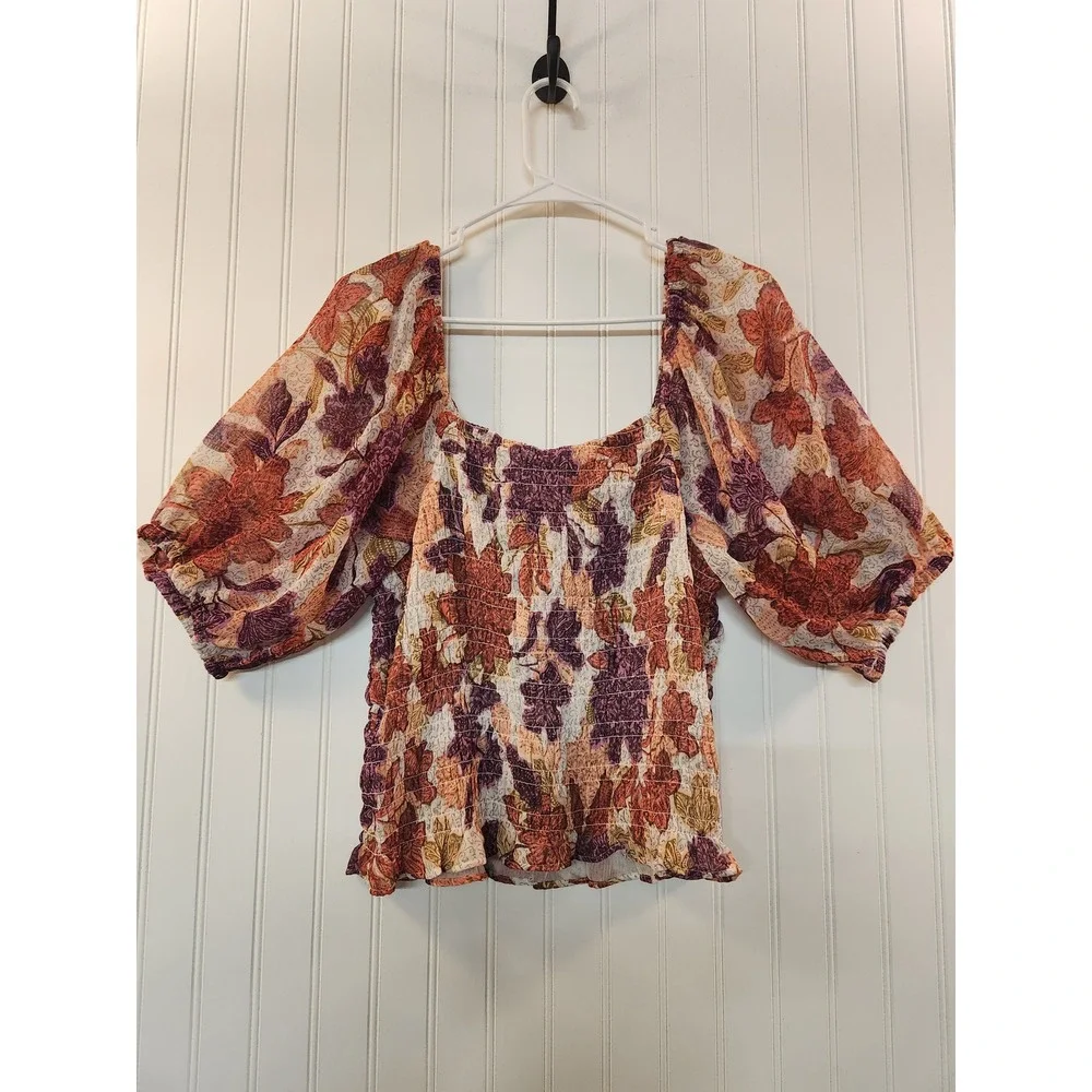 Old Navy Women XL Floral Smocked Puff Sleeve Blouse Square Neck Orange Purple‎